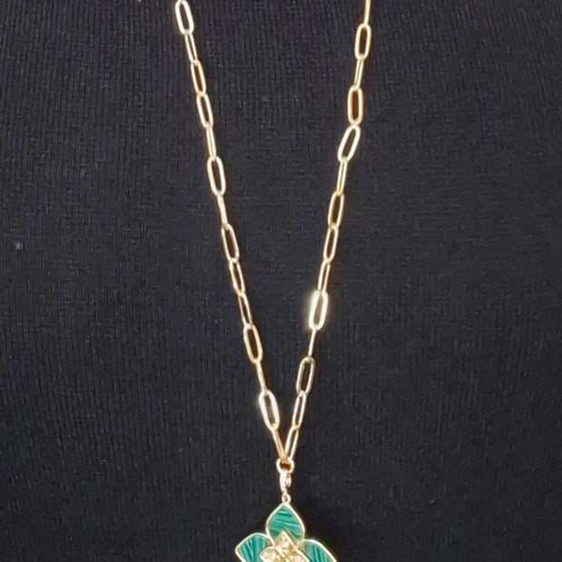 Alphabet RC Gold Plated Green Clover CZ Pendant Necklace