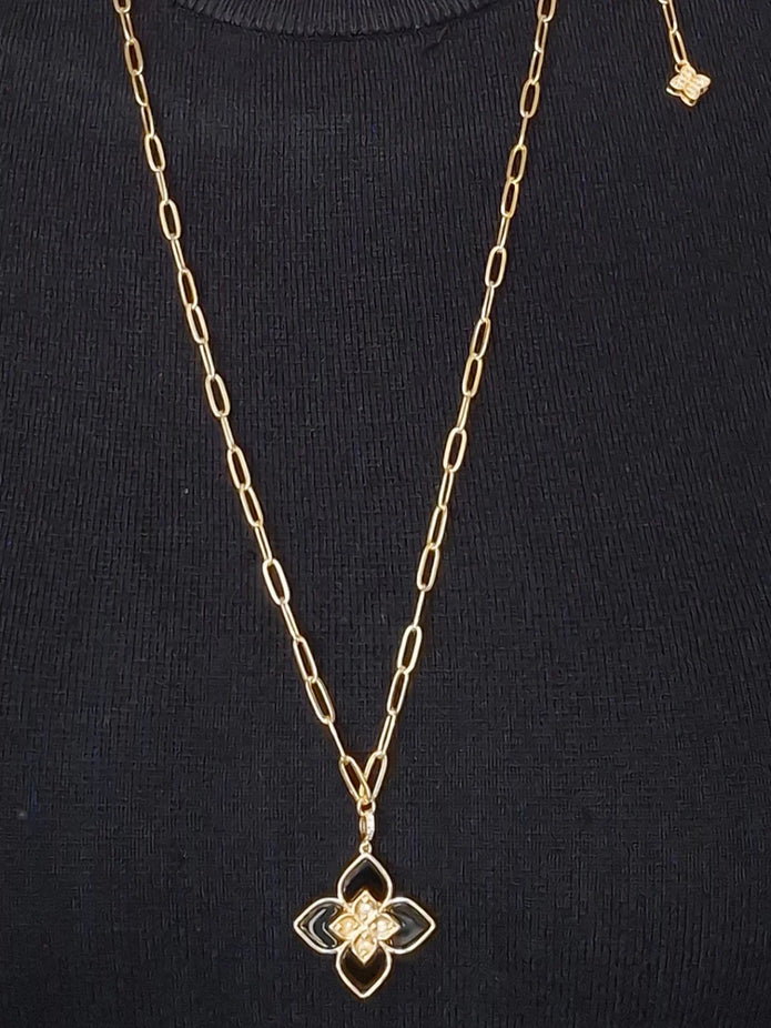 Alphabet RC Gold Plated Black Clover CZ Pendant Necklace