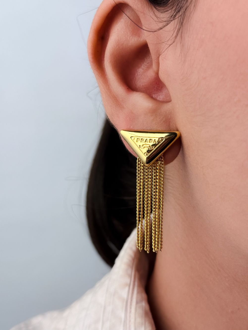 Alphabet P triangle motif Chain Tassles gold earrings