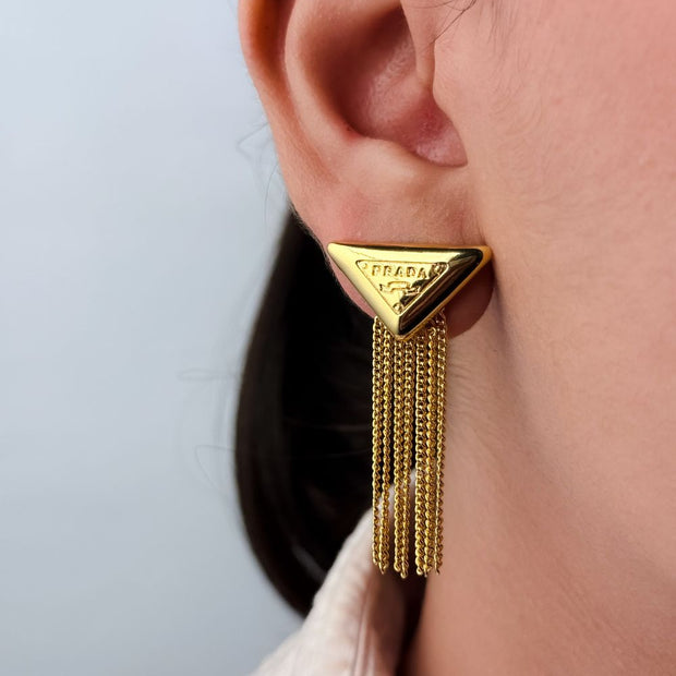Alphabet P triangle motif Chain Tassles gold earrings