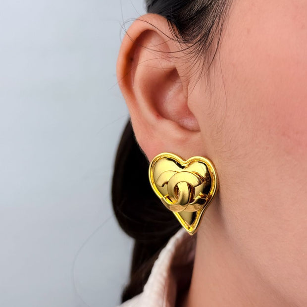 cross twin C stereo heart Clipon Stud earrings