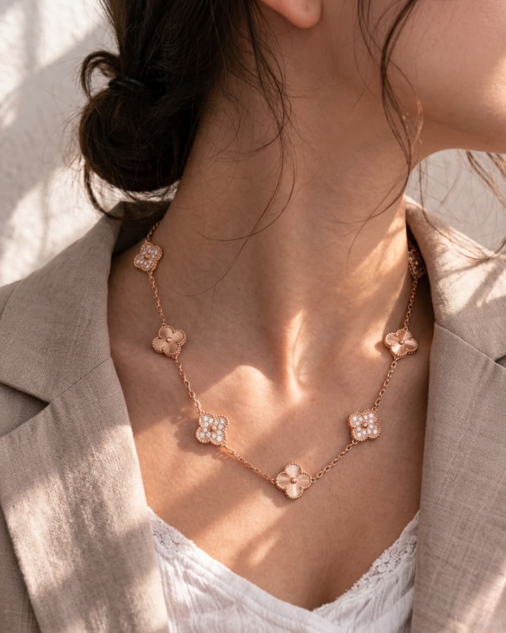 Rose gold clover and cz sleek chain