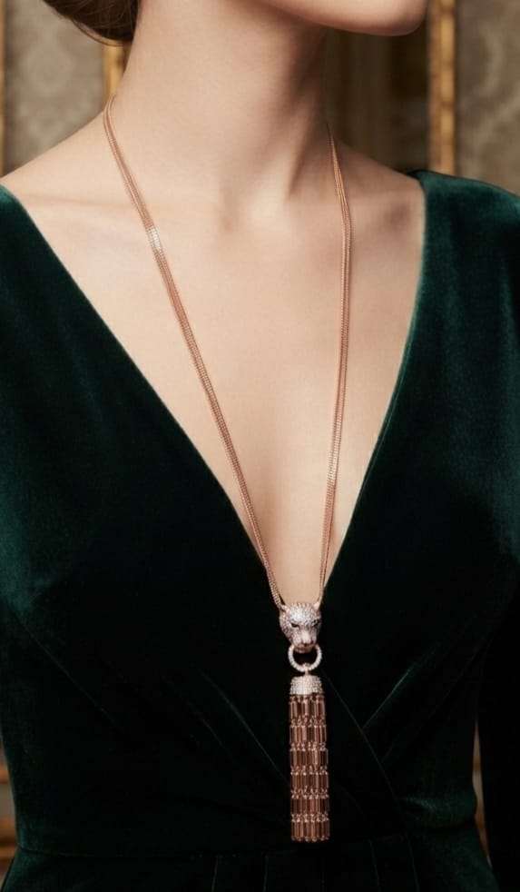 Rose gold panther face sleek tassel pendant