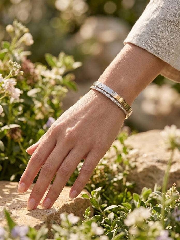 platinum plated bracelet with dual Line Screw and CZ