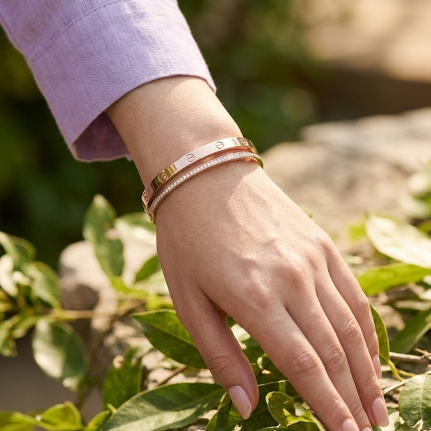 Rose gold plated bracelet with dual Line Screw and CZ