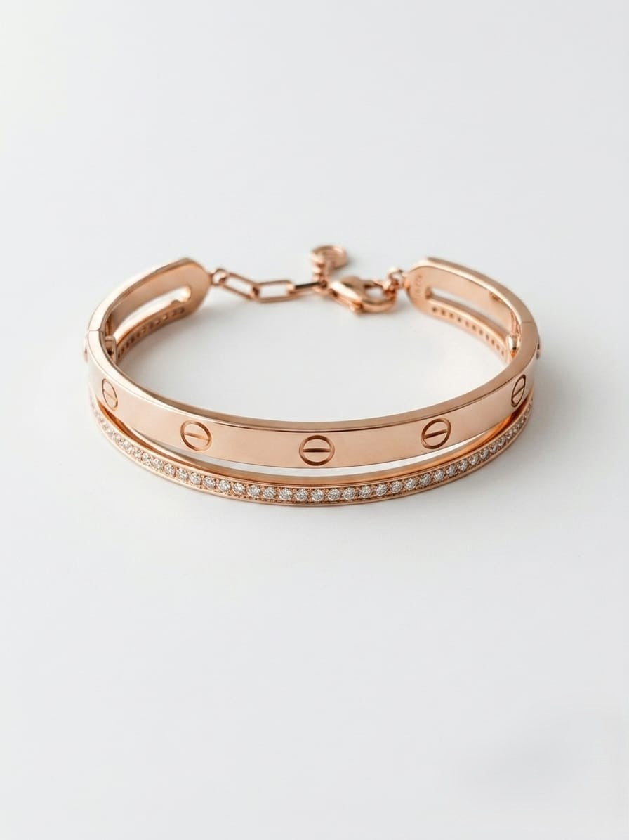 Rose gold plated bracelet with dual Line Screw and CZ