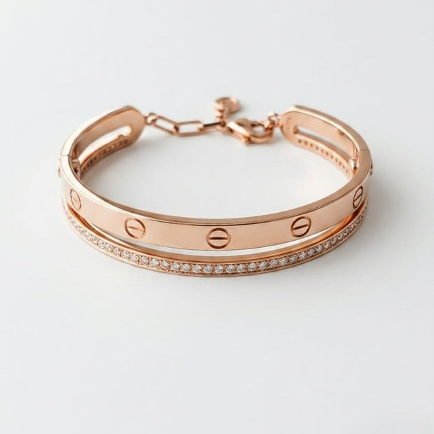 Rose gold plated bracelet with dual Line Screw and CZ