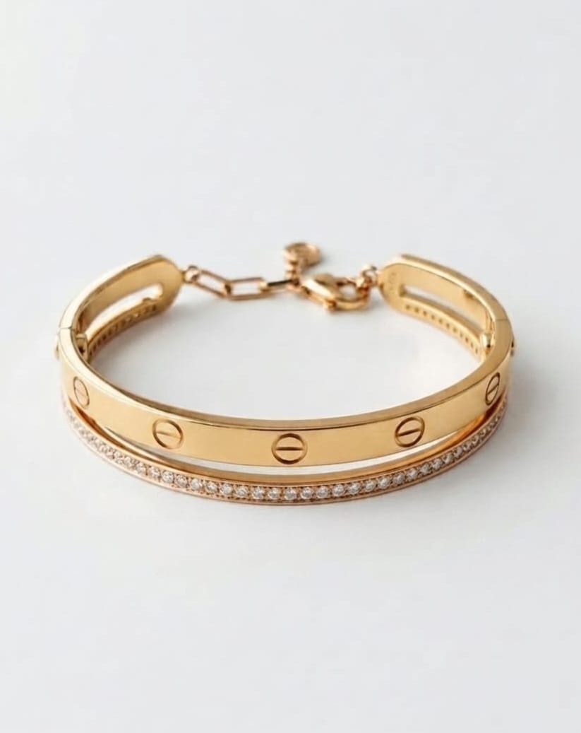 Gold plated bracelet with dual Line Screw and CZ