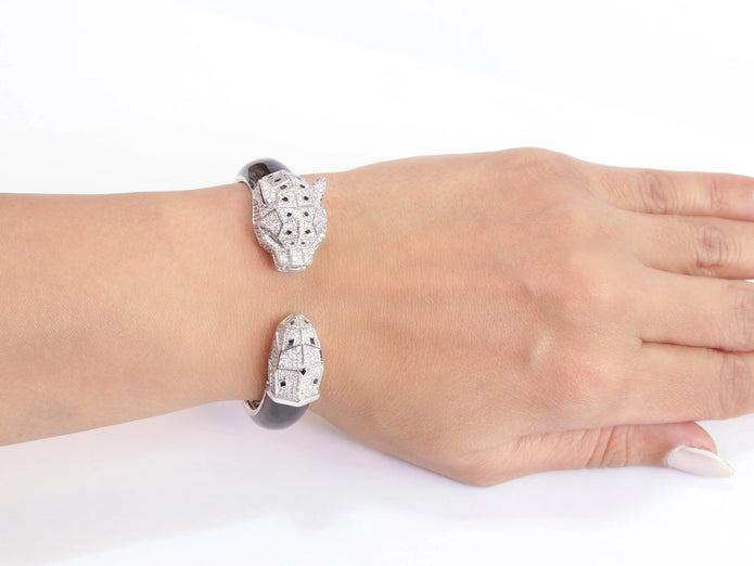 Panther face platinum and black bracelet