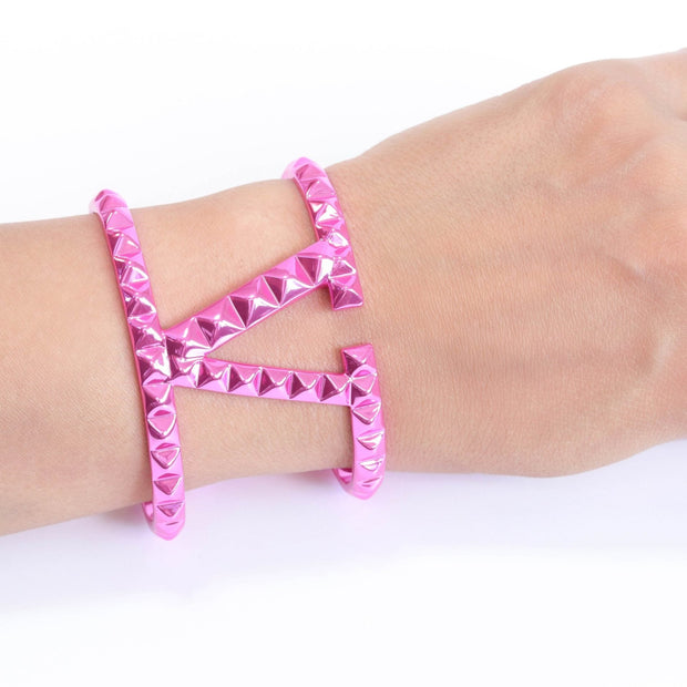 Pink chrome engraved broad bracelet cz