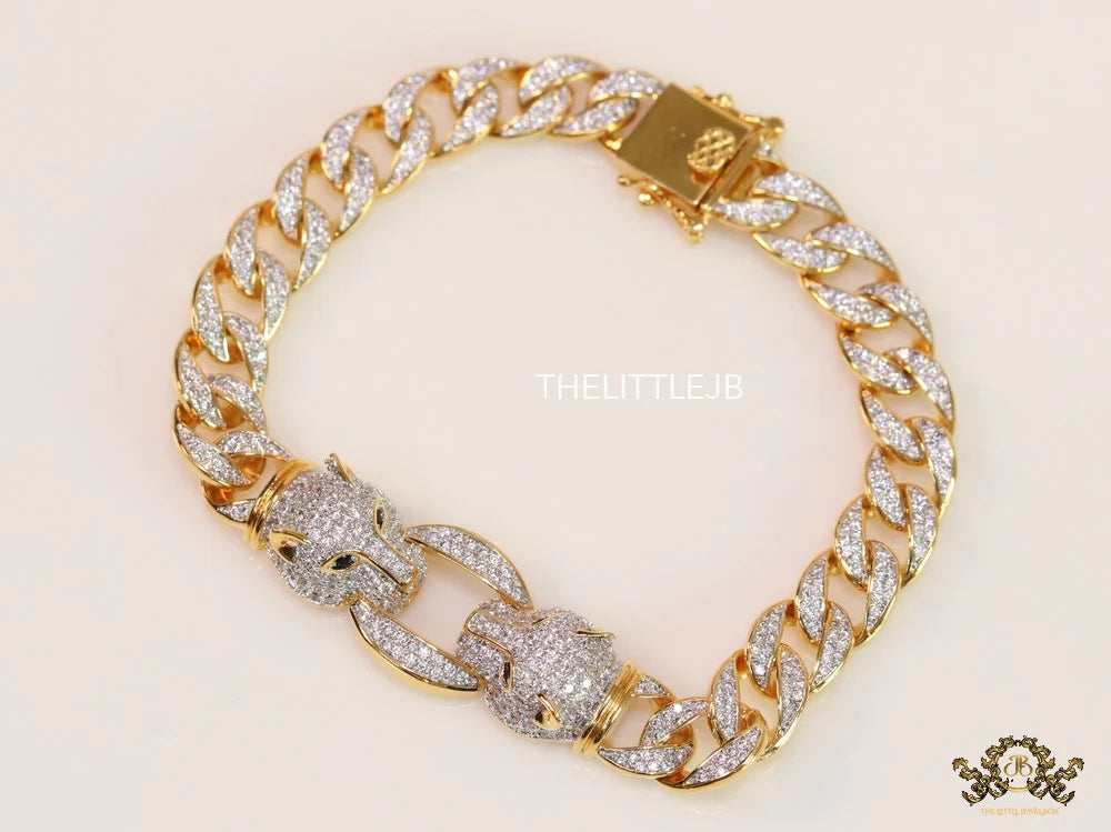 Men's dual plated cuban chain bracelet with cz panther motif
