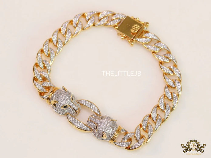 Men's dual plated cuban chain bracelet with cz panther motif