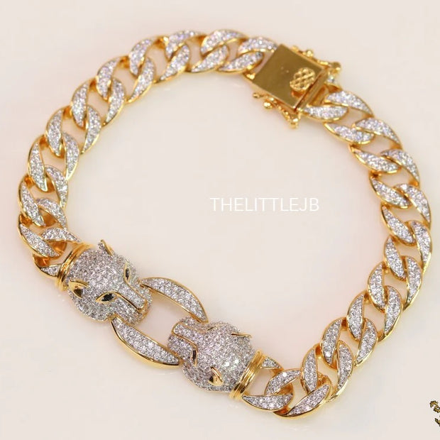 Mens dual plated cuban chain bracelet with cz panther motif