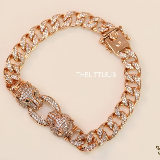 Mens Rose Gold plated cuban chain bracelet with cz panther motif