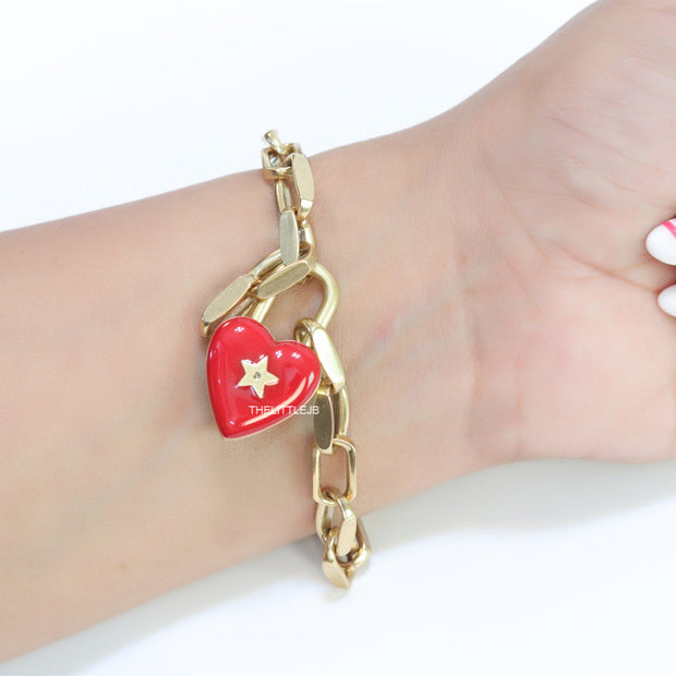 Gold plated link chain bracelet with heart shape lock