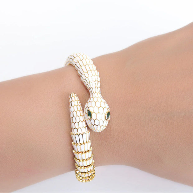 snake open bracelet in white enamel and golden finish