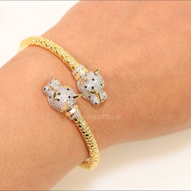 Gold plated cz panther open bracelet