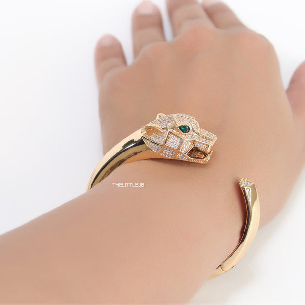 Gold plated open panther bracelet with cz