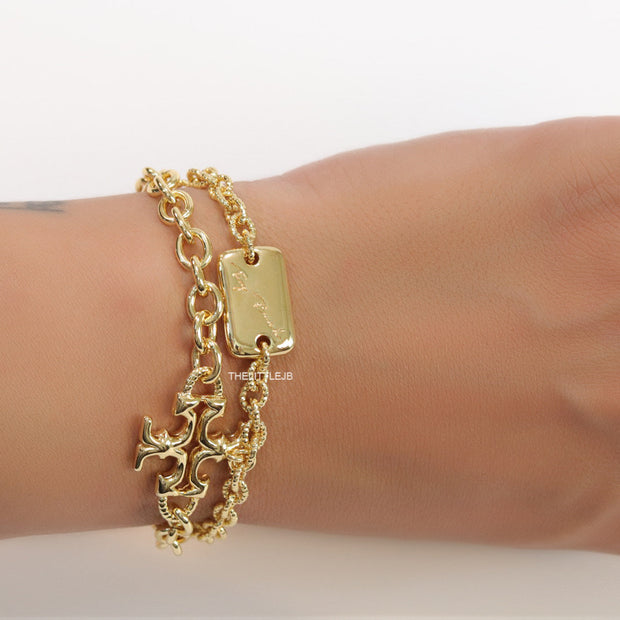 Gold plated two layered link chain bracelet with T motif