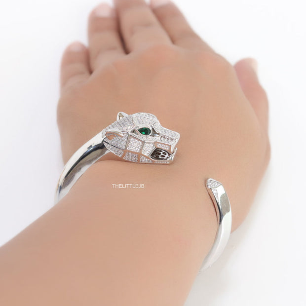 Platinum plated open panther bracelet with cz