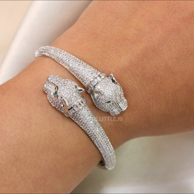 Platinum plated cz twin panther openable bracelet