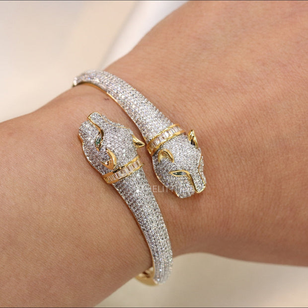Gold plated cz twin panther openable bracelet