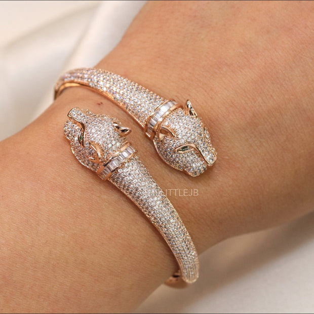 Rose gold plated cz twin panther openable  bracelet
