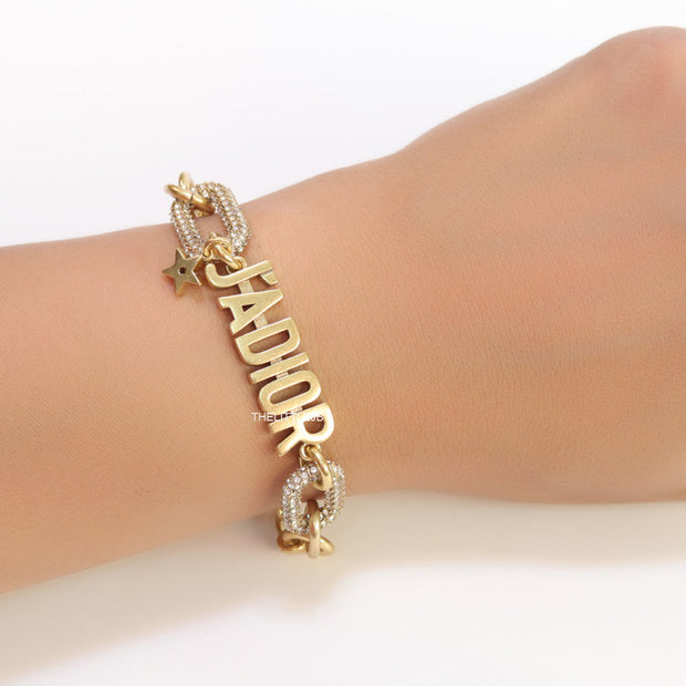 Gold plated cz link chain bracelet with alphabets
