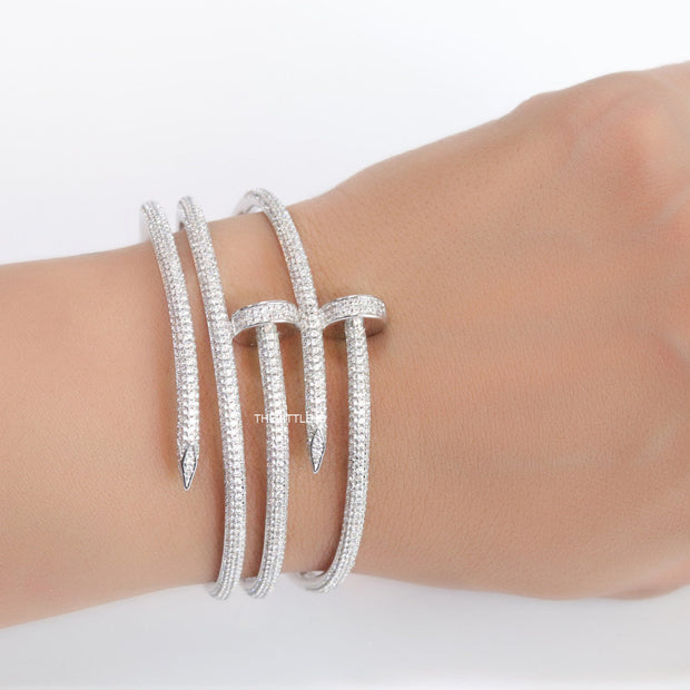 Platinum plated twin nail bracelet with cz