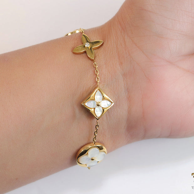 Gold plated chain bracelet with MOP clovers XL