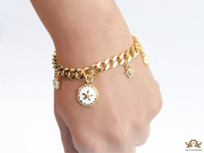 Gold plated link chain charm bracelet