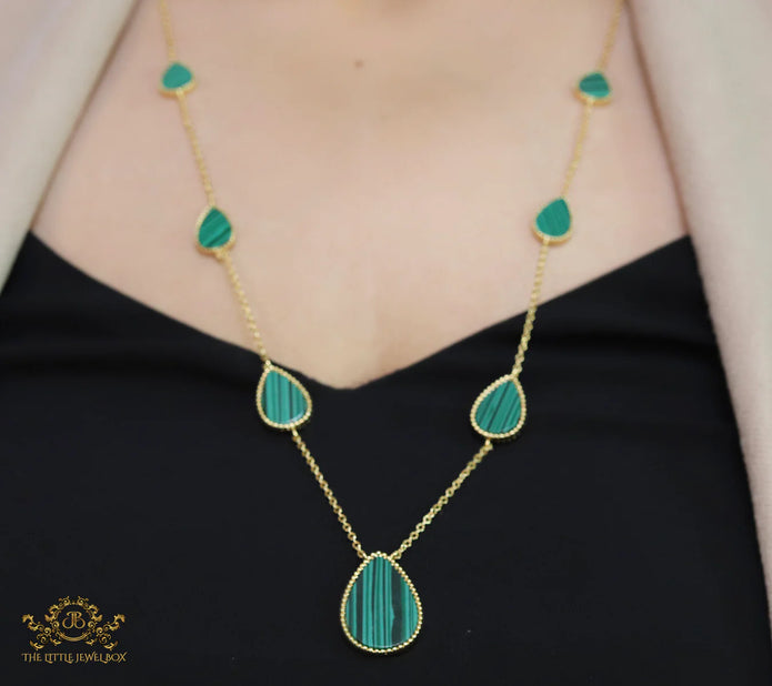 Gold plated long chain malachite stone necklace