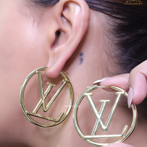 Gold plated L and V alphabet hoops 50 mm