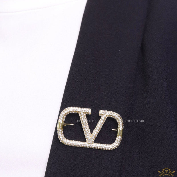 Alphabet V CZ Gold Brooch