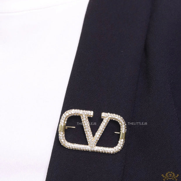 Alphabet V CZ Gold Brooch