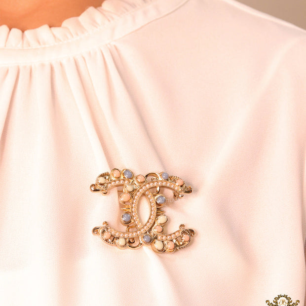 Double C motif Multicoloured cz and pearl brooch