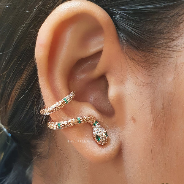 Rose gold plated ear cuff pattern serpentine earrings with green cz