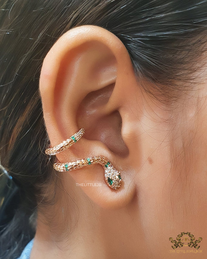Rose gold plated ear cuff pattern snake earrings with green cz