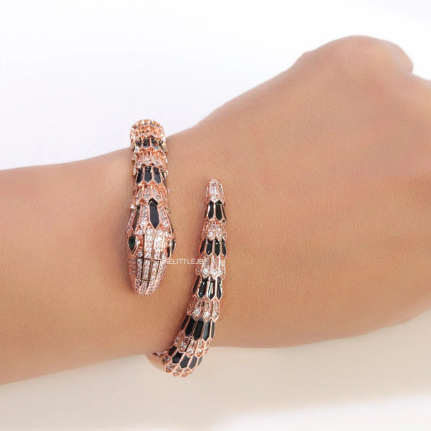 Top open serpentine black enamel bracelet with rose gold plating and cubic zirconia stones