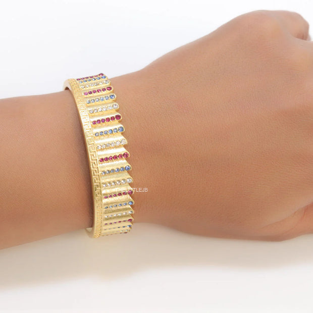Gold plated matte finish bracelet with multi coloured cubic zirconia stones