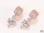 Rose gold Cz baguette earrings with heart shape cz drop