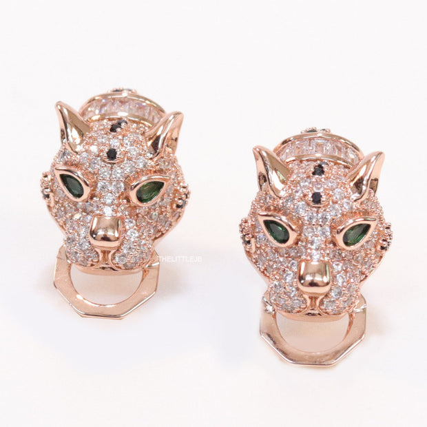 Cz panther face clip on studs in rose gold