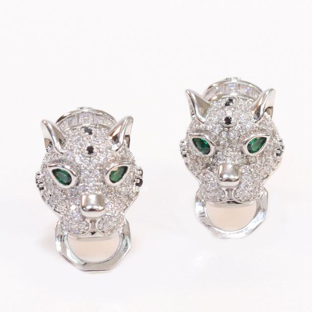 Cz panther face clip on studs in platinum finish