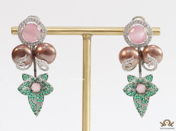 Cz flower earrings with bronze pearls and baby pink stones