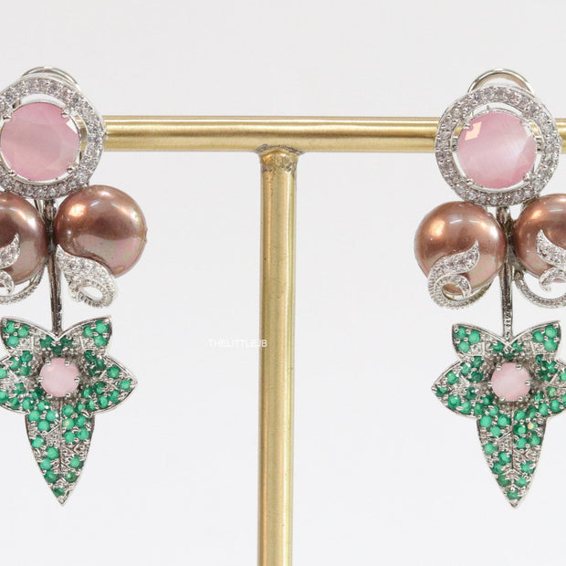 Cz flower earrings with bronze pearls and baby pink stones