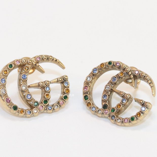 Antique gold plated twin G motif studs with multicoloured stones