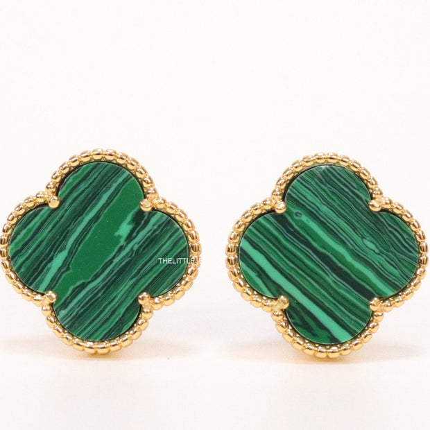 Malachite green clover stud earrings in gold plating