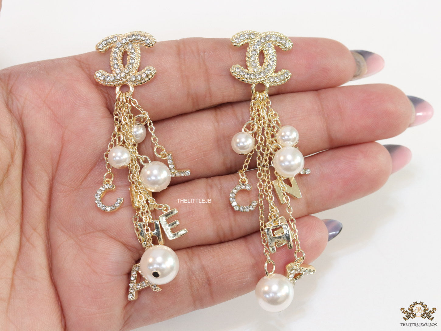 Twin C cz tops with chain alphabet and pearl drops