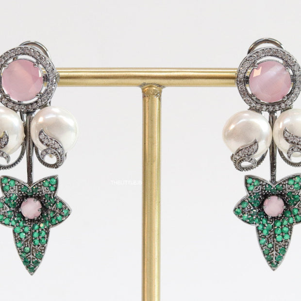 Cz flower earrings with shell pearls and baby pink stones