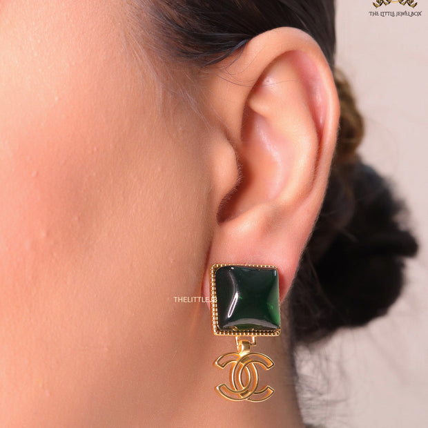 Gold plated Square emerald green studs with double C motif